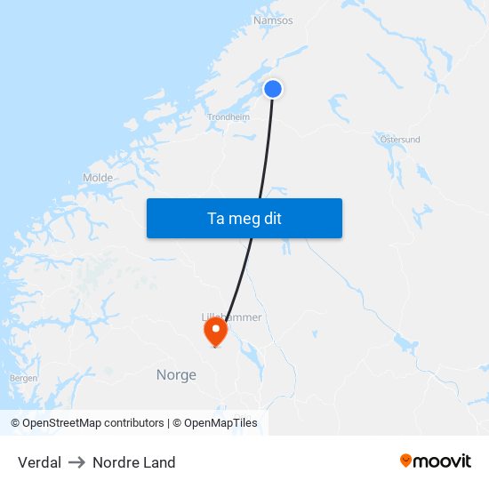 Verdal to Nordre Land map