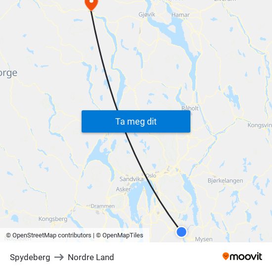 Spydeberg to Nordre Land map