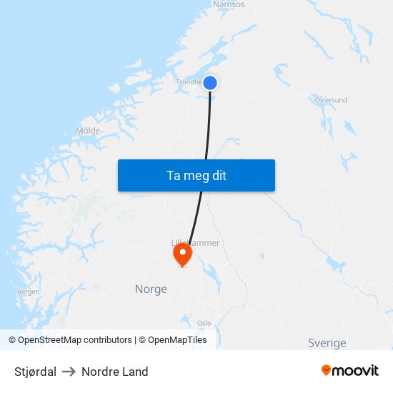 Stjørdal to Nordre Land map