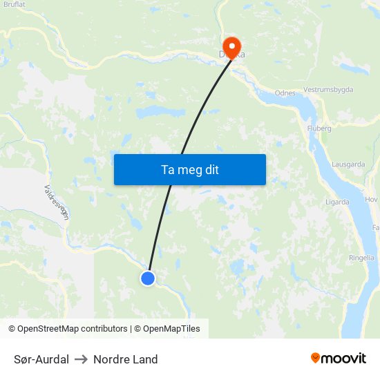 Sør-Aurdal to Nordre Land map