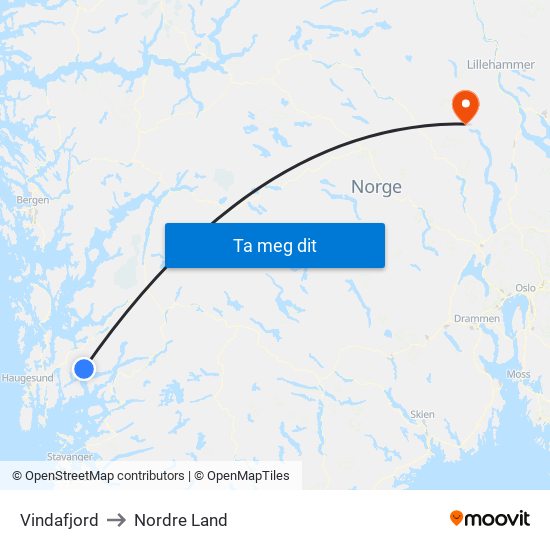 Vindafjord to Nordre Land map