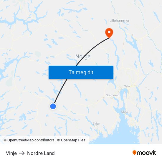 Vinje to Nordre Land map