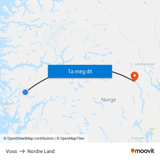 Voss to Nordre Land map