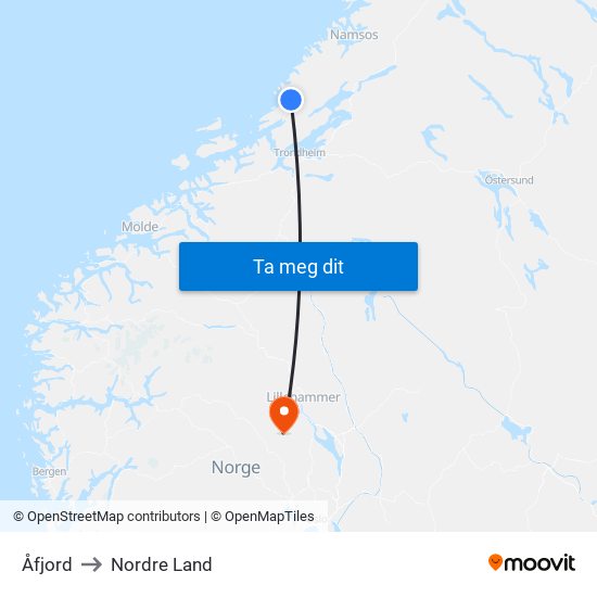 Åfjord to Nordre Land map