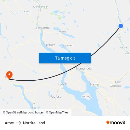 Åmot to Nordre Land map