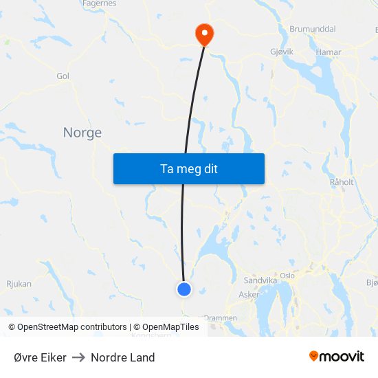 Øvre Eiker to Nordre Land map