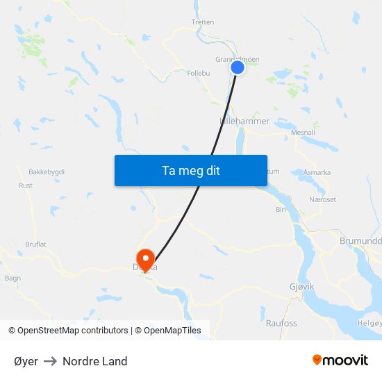 Øyer to Nordre Land map