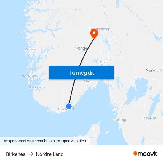 Birkenes to Nordre Land map