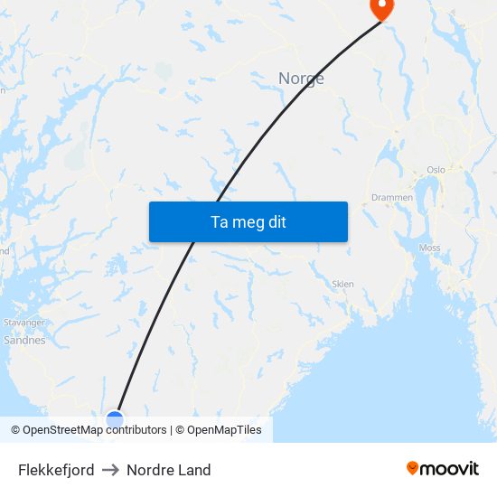 Flekkefjord to Nordre Land map