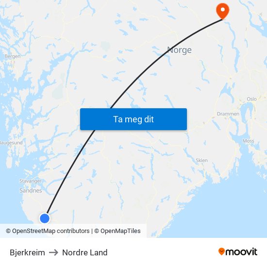 Bjerkreim to Nordre Land map