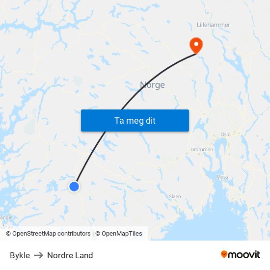 Bykle to Nordre Land map