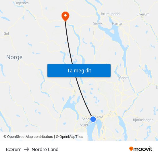 Bærum to Nordre Land map