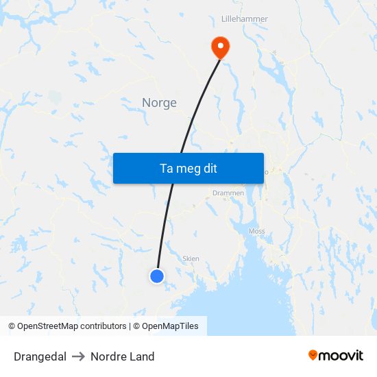 Drangedal to Nordre Land map