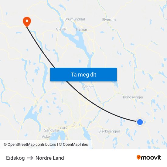 Eidskog to Nordre Land map