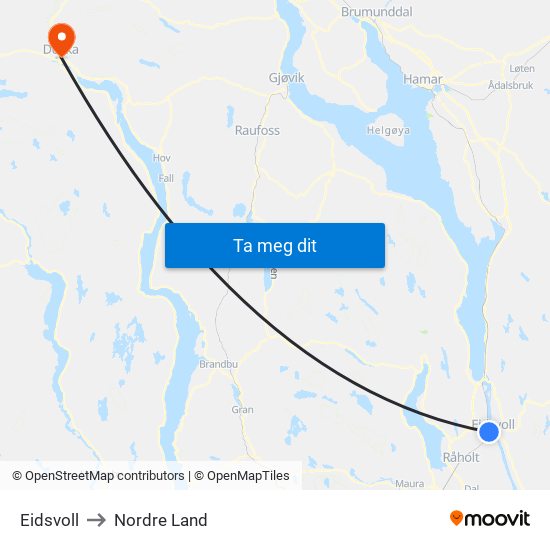 Eidsvoll to Nordre Land map