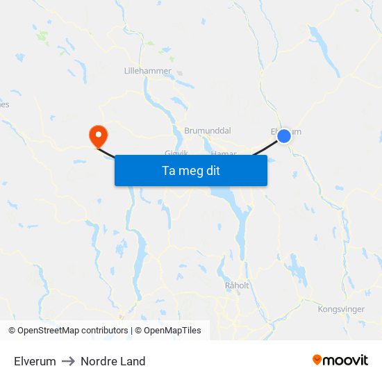 Elverum to Nordre Land map