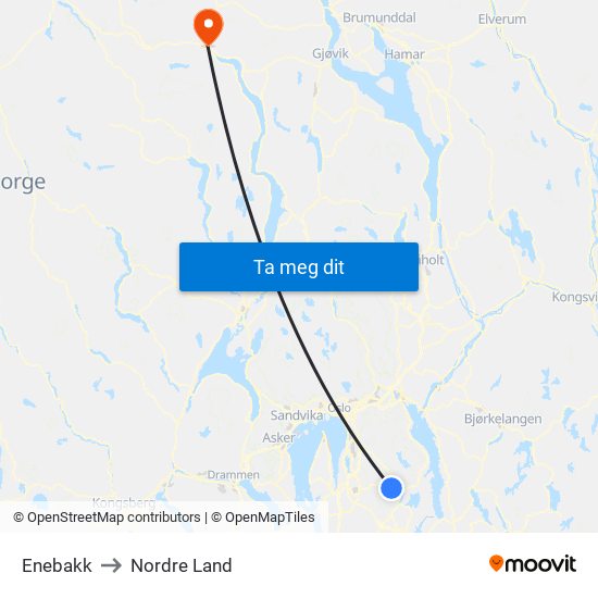 Enebakk to Nordre Land map