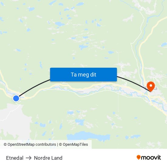 Etnedal to Nordre Land map