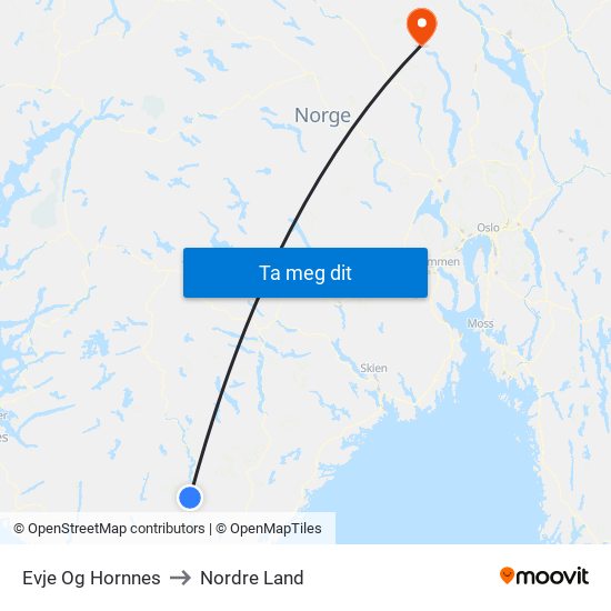 Evje Og Hornnes to Nordre Land map