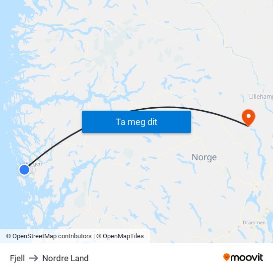 Fjell to Nordre Land map