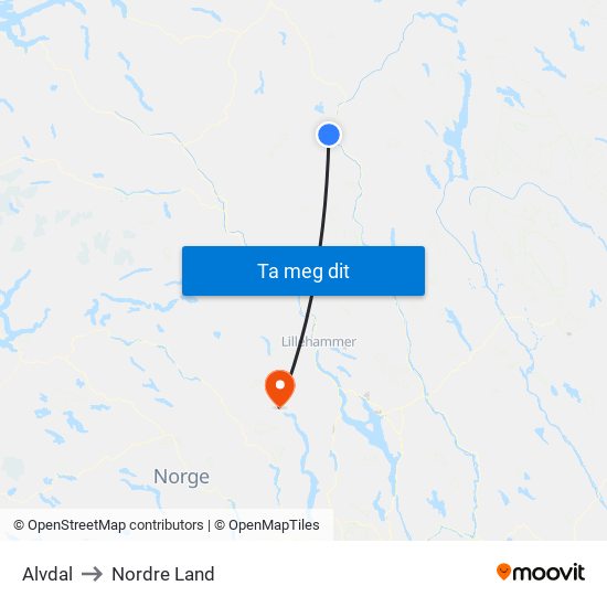 Alvdal to Nordre Land map