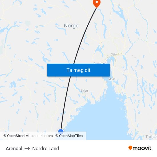 Arendal to Nordre Land map