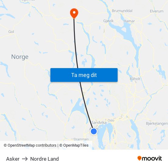 Asker to Nordre Land map
