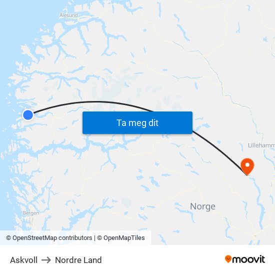 Askvoll to Nordre Land map