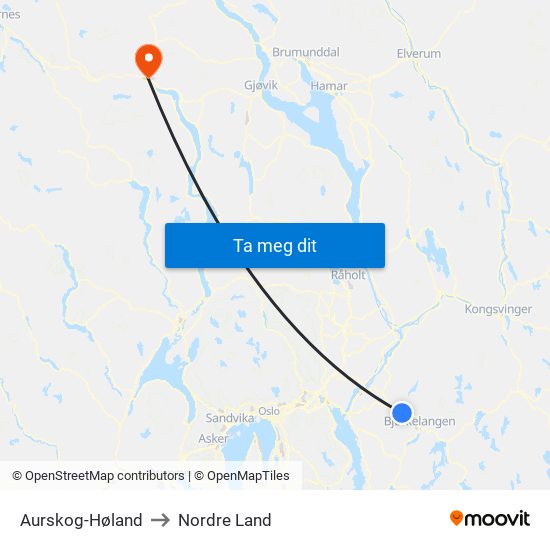 Aurskog-Høland to Nordre Land map