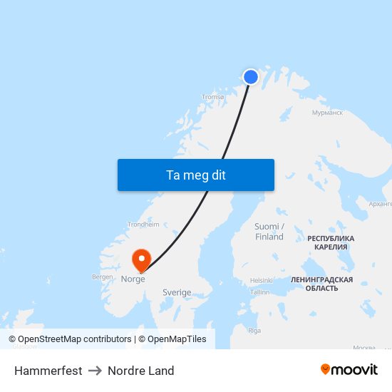 Hammerfest to Nordre Land map