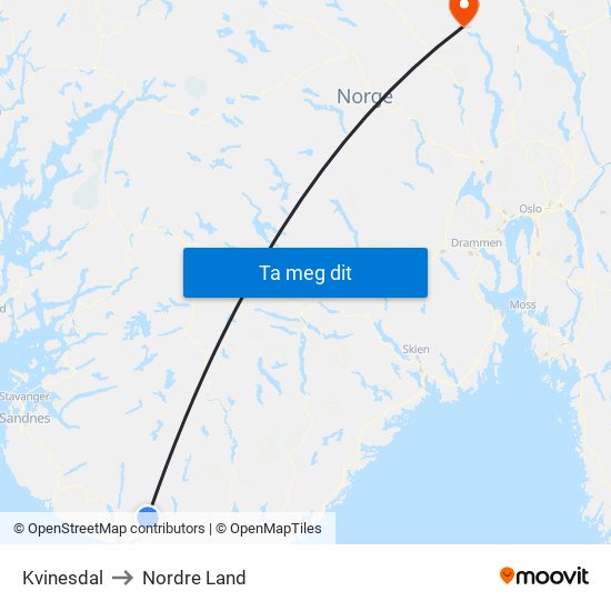 Kvinesdal to Nordre Land map