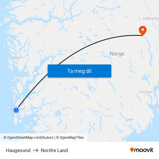 Haugesund to Nordre Land map