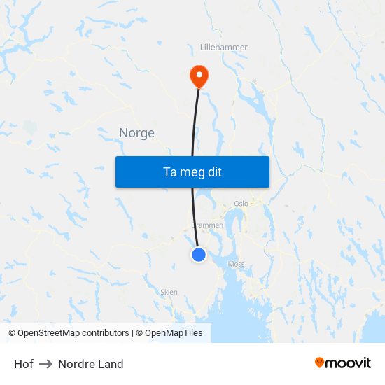 Hof to Nordre Land map