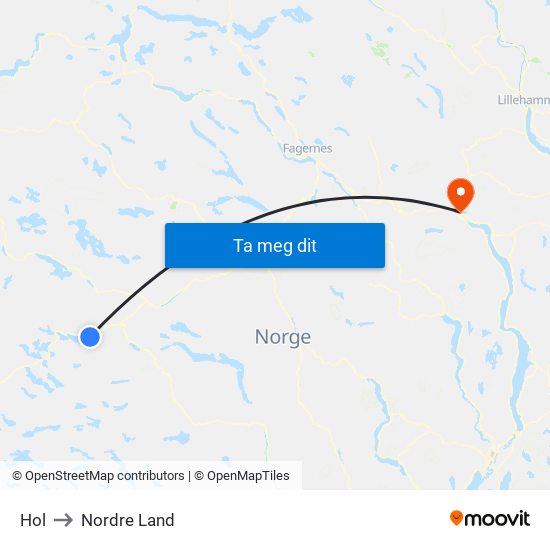 Hol to Nordre Land map