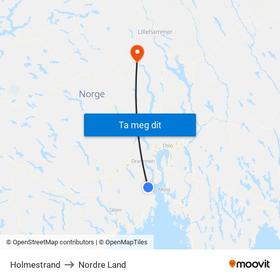 Holmestrand to Nordre Land map