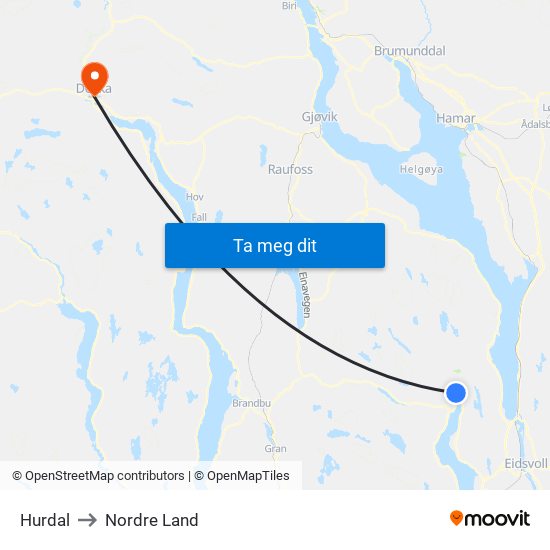 Hurdal to Nordre Land map