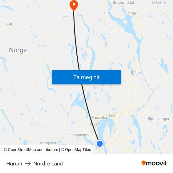 Hurum to Nordre Land map