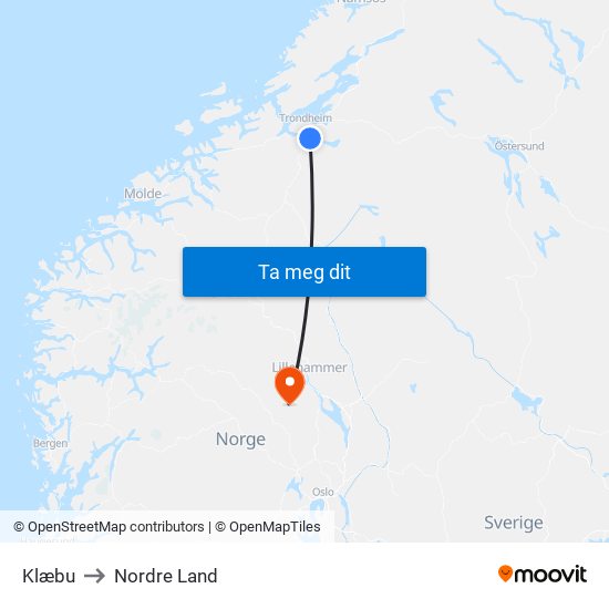 Klæbu to Nordre Land map