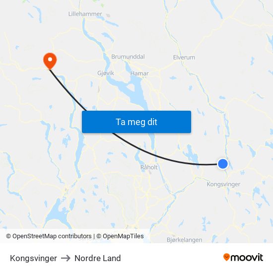 Kongsvinger to Nordre Land map