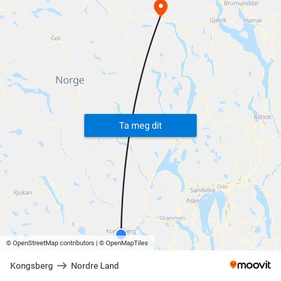 Kongsberg to Nordre Land map