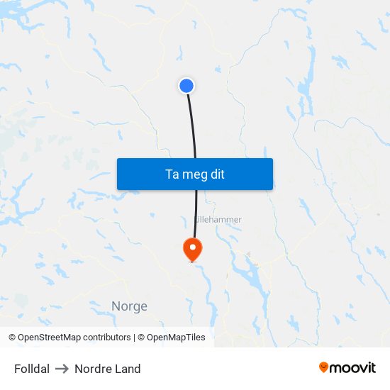 Folldal to Nordre Land map