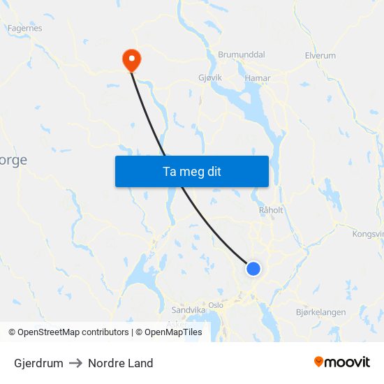 Gjerdrum to Nordre Land map