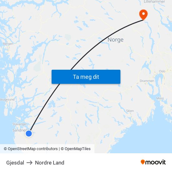 Gjesdal to Nordre Land map