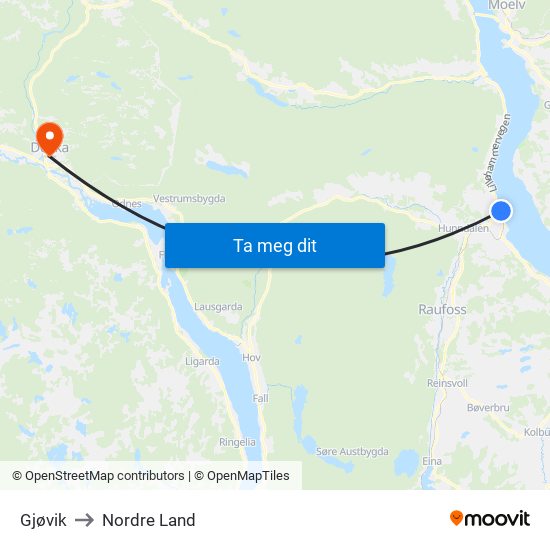 Gjøvik to Nordre Land map