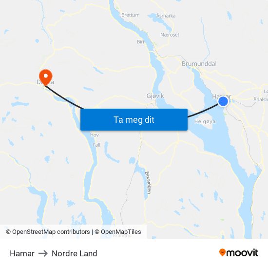 Hamar to Nordre Land map