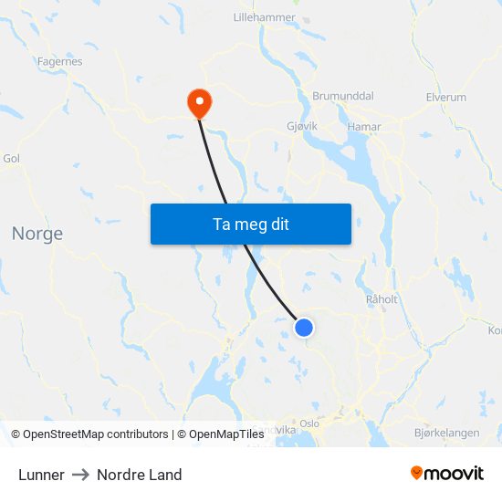 Lunner to Nordre Land map