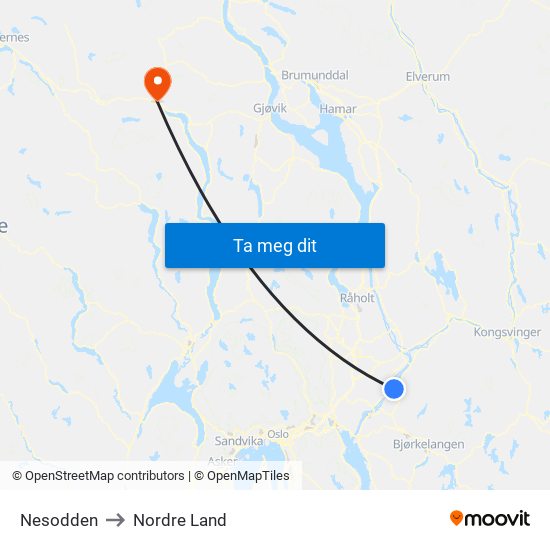 Nesodden to Nordre Land map