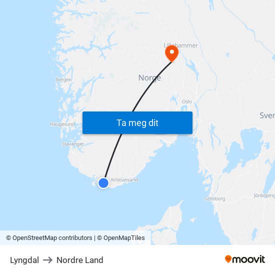 Lyngdal to Nordre Land map