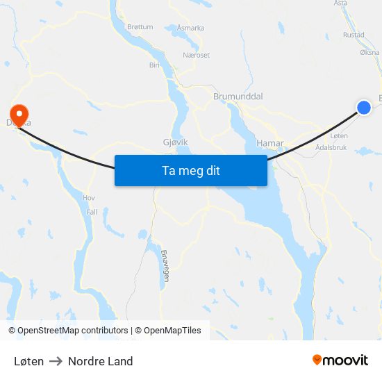 Løten to Nordre Land map