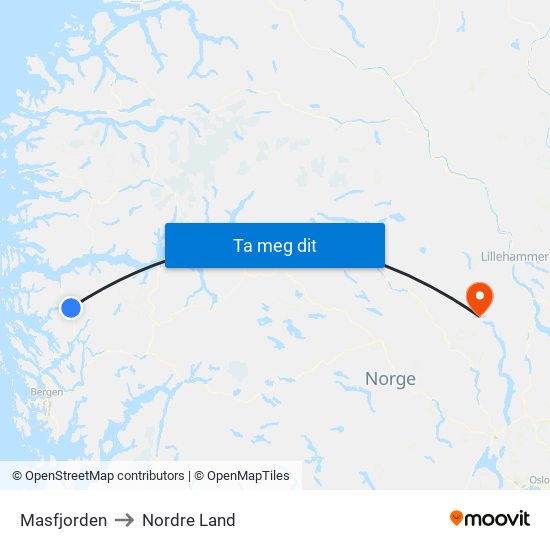 Masfjorden to Nordre Land map